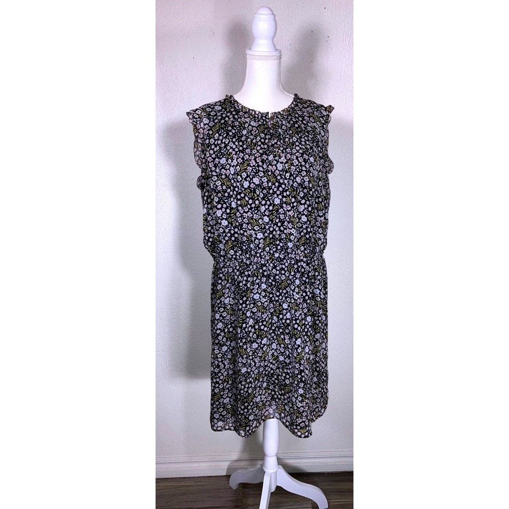 LOFT Black Floral Ruffle Sleeve‎ Elastic Waist Chiffon Dress XXL